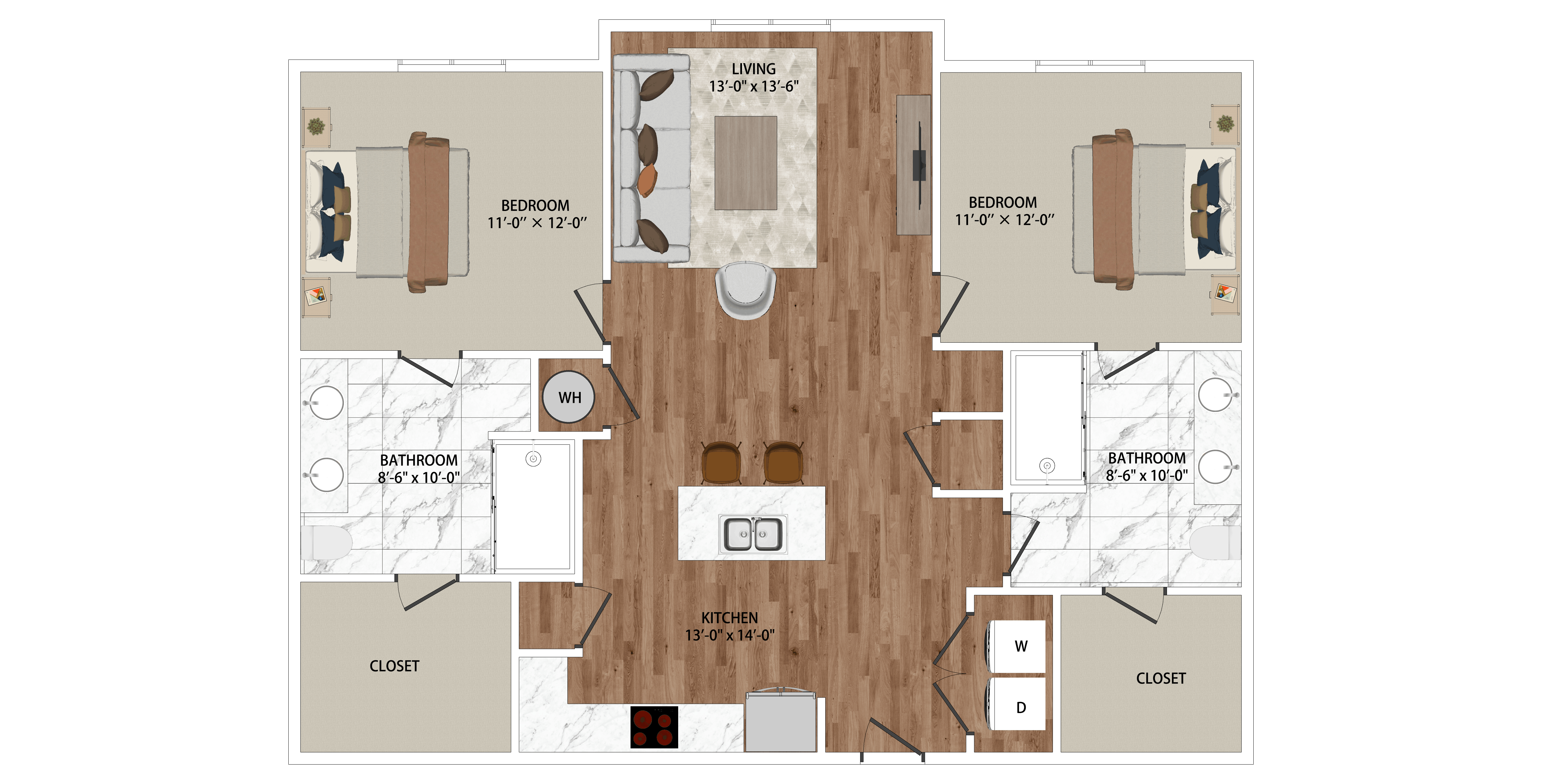 Floor plan for 2 beds, 2 baths, 1045 sqft